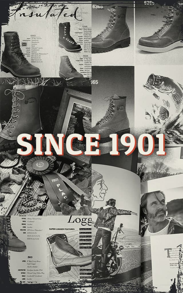 Since 1901. A photo montage of old chippewa boots.