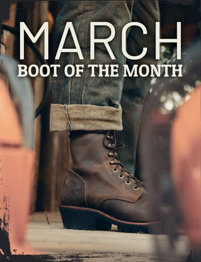 A man wearing the Classic 2.0 8" Logger in chocolate apache (brown). MARCH’S BOOT OF THE MONTH.