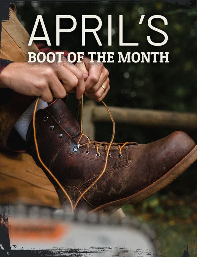 April's Boot of the Month. A man wearing the Serious Plus 8" Waterproof Comp Toe Met Guard Puncture Resisting boots in briar oiled (brown)