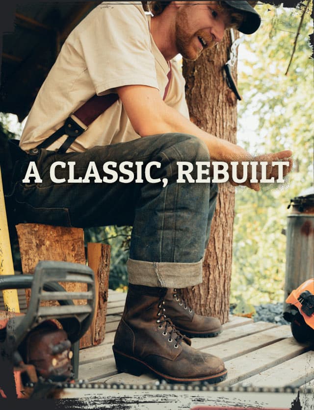 A Classic, Rebuilt. A man wearing the Classic 2.0 8" Steel Toe Logger in chocolate apache brown.