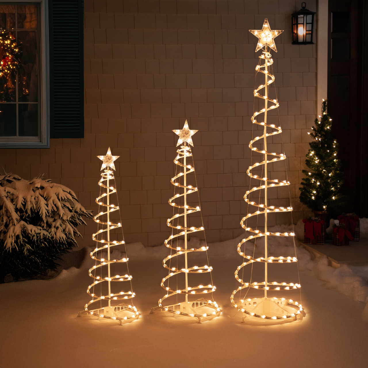 Image of 3', 4' and 6' Pre-lit Spiral Outdoor Christmas Trees - Clear Lights - Set of 3
