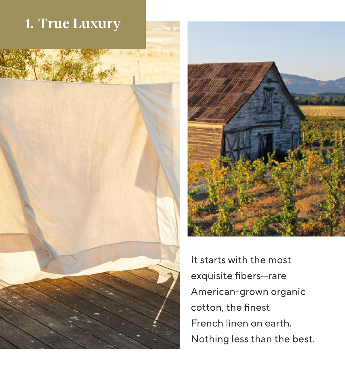 TRUE LUXURY It starts with the most exquisite fibers—rare American-grown organic cotton, the finest French linen on earth. Nothing less than the best.