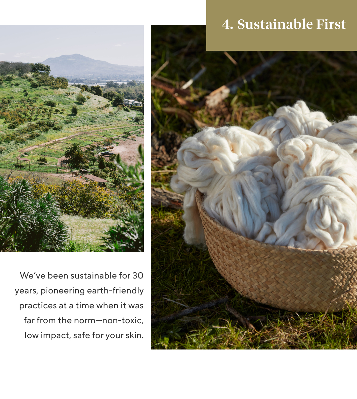 4. SUSTAINABLE FIRST We’ve been sustainable for 30 years, pioneering earth-friendly practices at a time when it was far from the norm—non-toxic, low impact, safe for your skin.