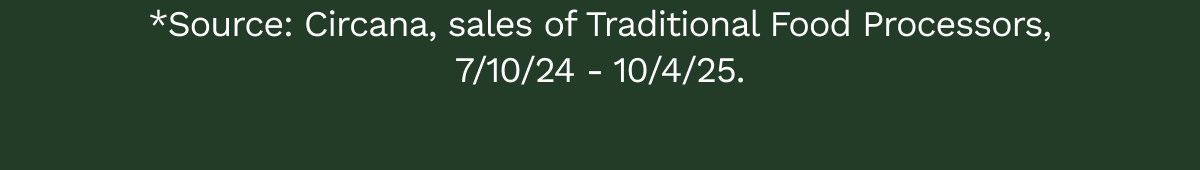 *Source: Circana, sales of Traditional Food Processors, 7/10/24 - 10/4/25.