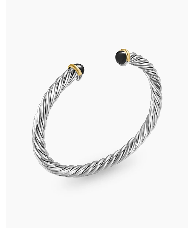 Cable Cuff Bracelet Sterling Silver with 14K Yellow Gold and Black Onyx, 6mm