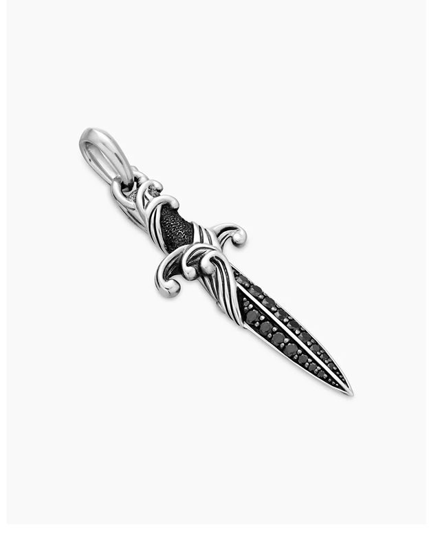 Waves Dagger Amulet Sterling Silver with Black Diamonds, 44mm