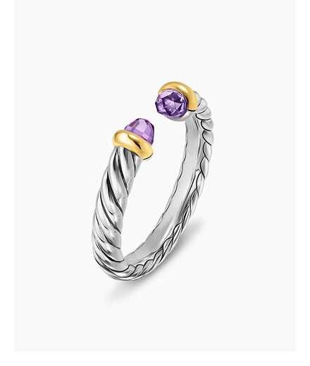 Petite Cable Open Ring Sterling Silver with 14K Yellow Gold and Amethyst, 3.4mm