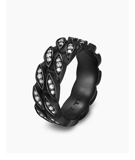 Curb Chain Band Ring Black Titanium with Diamonds, 8mm