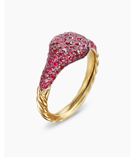 Petite Pavé Pinky Ring 18K Yellow Gold with Red Rubies, 7mm