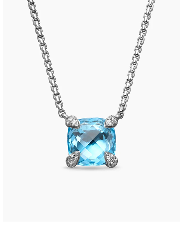 Petite Chatelaine® Pendant Necklace Sterling Silver with Blue Topaz and Diamonds, 9mm