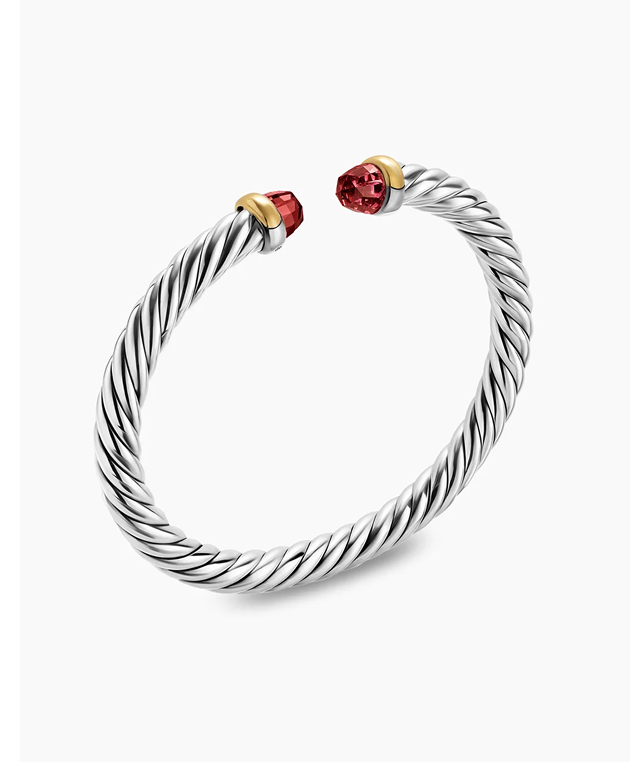 Cable Flex® Bracelet Sterling Silver with 14K Yellow Gold and Rhodolite Garnet, 6mm