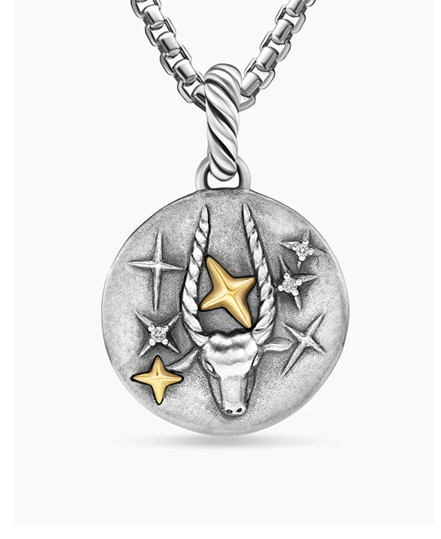 Capricorn Amulet Sterling Silver with 18K Yellow Gold and Diamonds, 19mm