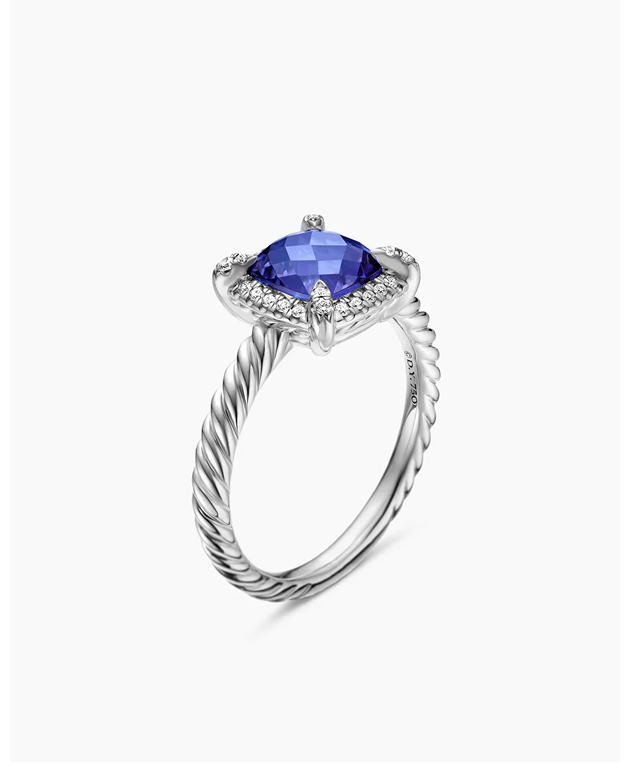 Petite Chatelaine® Pavé Bezel Ring 18K White Gold with Tanzanite and Diamonds, 7mm