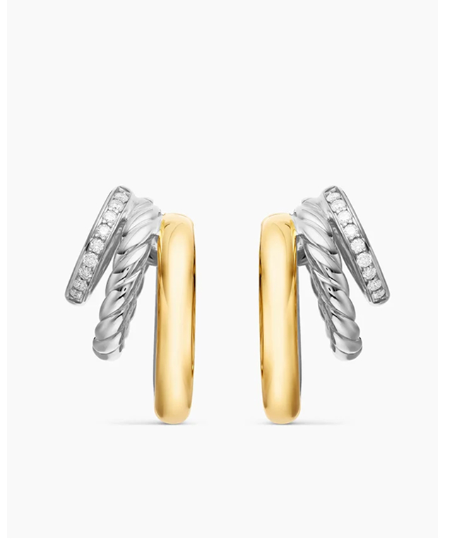 DY Mercer® Three Row Hoop Earrings Sterling Silver with 18K Yellow Gold and Diamonds, 21mm