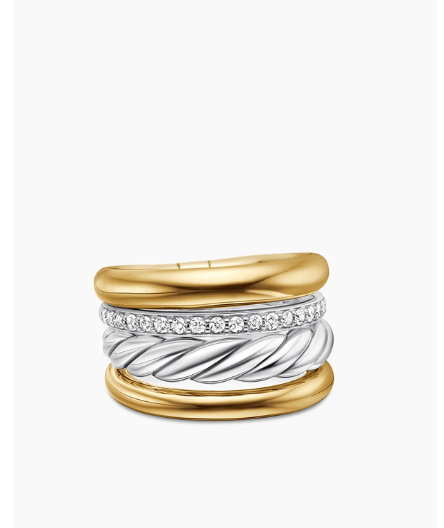 DY Mercer® Four Row Ring Sterling Silver with 18K Yellow Gold and Diamonds, 13.8mm