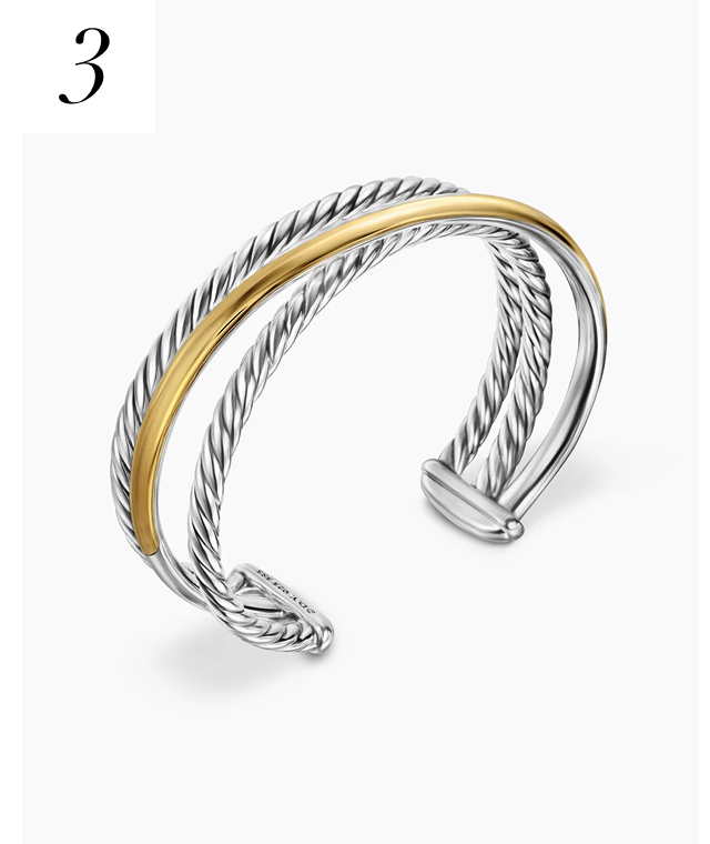 Bold Crossover Three Row Cuff Bracelet Sterling Silver with 14K Yellow Gold, 19mm