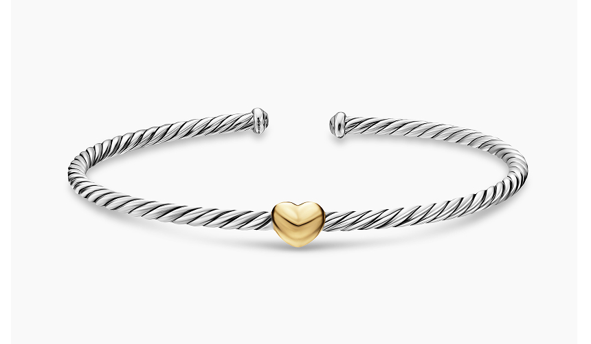 Micro Cable Flex® Heart Station Bracelet Sterling Silver with 14K Yellow Gold, 2.6mm