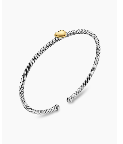 Micro Cable Flex® Heart Station Bracelet Sterling Silver with 14K Yellow Gold, 2.6mm
