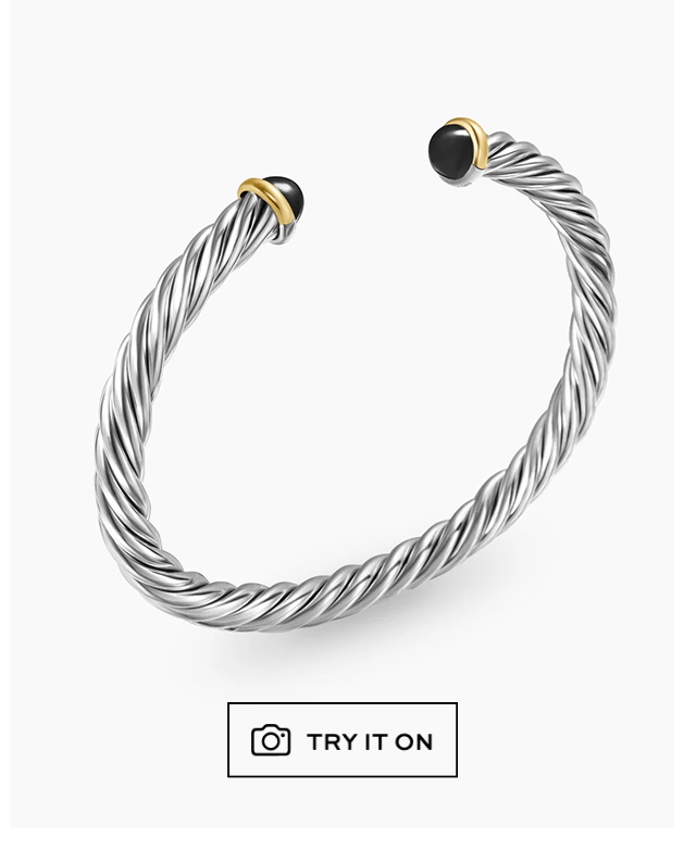 Cable Cuff Bracelet Sterling Silver with 14K Yellow Gold and Black Onyx, 6mm