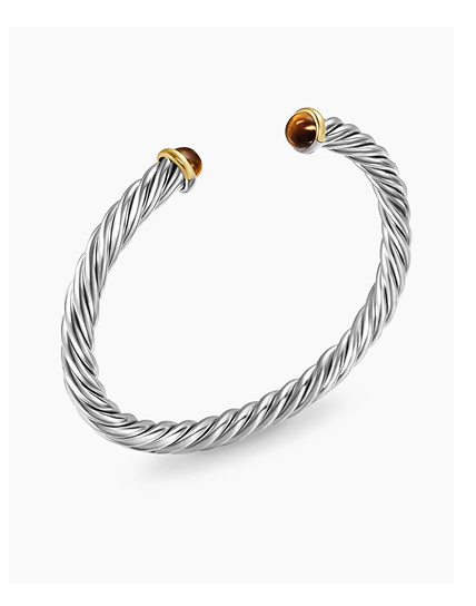 Cable Cuff Bracelet Sterling Silver with 14K Yellow Gold and Red Tiger's Eye, 6mm