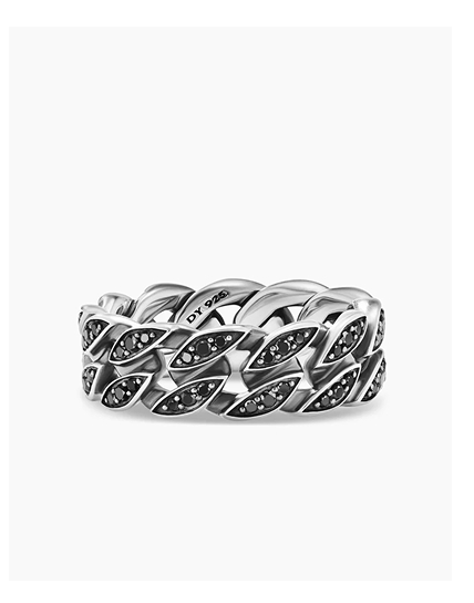 Curb Chain Band Ring Sterling Silver with Black Diamonds, 8mm