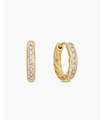 Pavé Huggie Hoop Earrings 18K Yellow Gold with Diamonds, 13mm