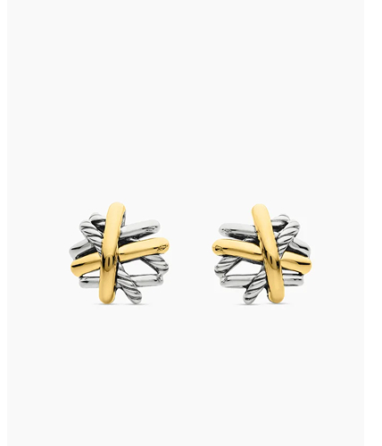 Crossover Stud Earrings Sterling Silver with 18K Yellow Gold, 11mm