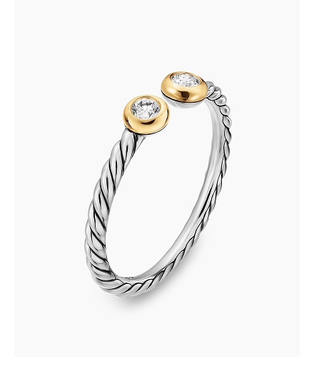 Cable Open Round Ring Sterling Silver with 18K Yellow Gold and Diamonds, 3.9mm