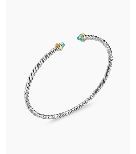 Micro Cable Flex® Bracelet Sterling Silver with 14K Yellow Gold and Aquamarine, 2.6mm