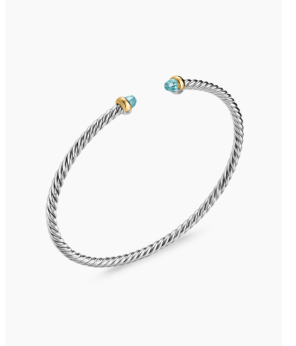 Micro Cable Flex® Bracelet Sterling Silver with 14K Yellow Gold and Aquamarine, 2.6mm