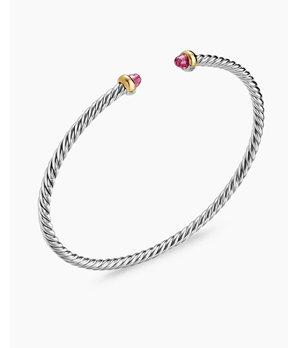 Micro Cable Flex® Bracelet Sterling Silver with 14K Yellow Gold and Pink Tourmalines, 2.6mm