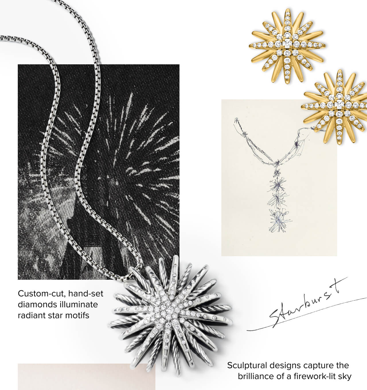 Custom-cut, hand-set diamonds illuminate radiant star motifs