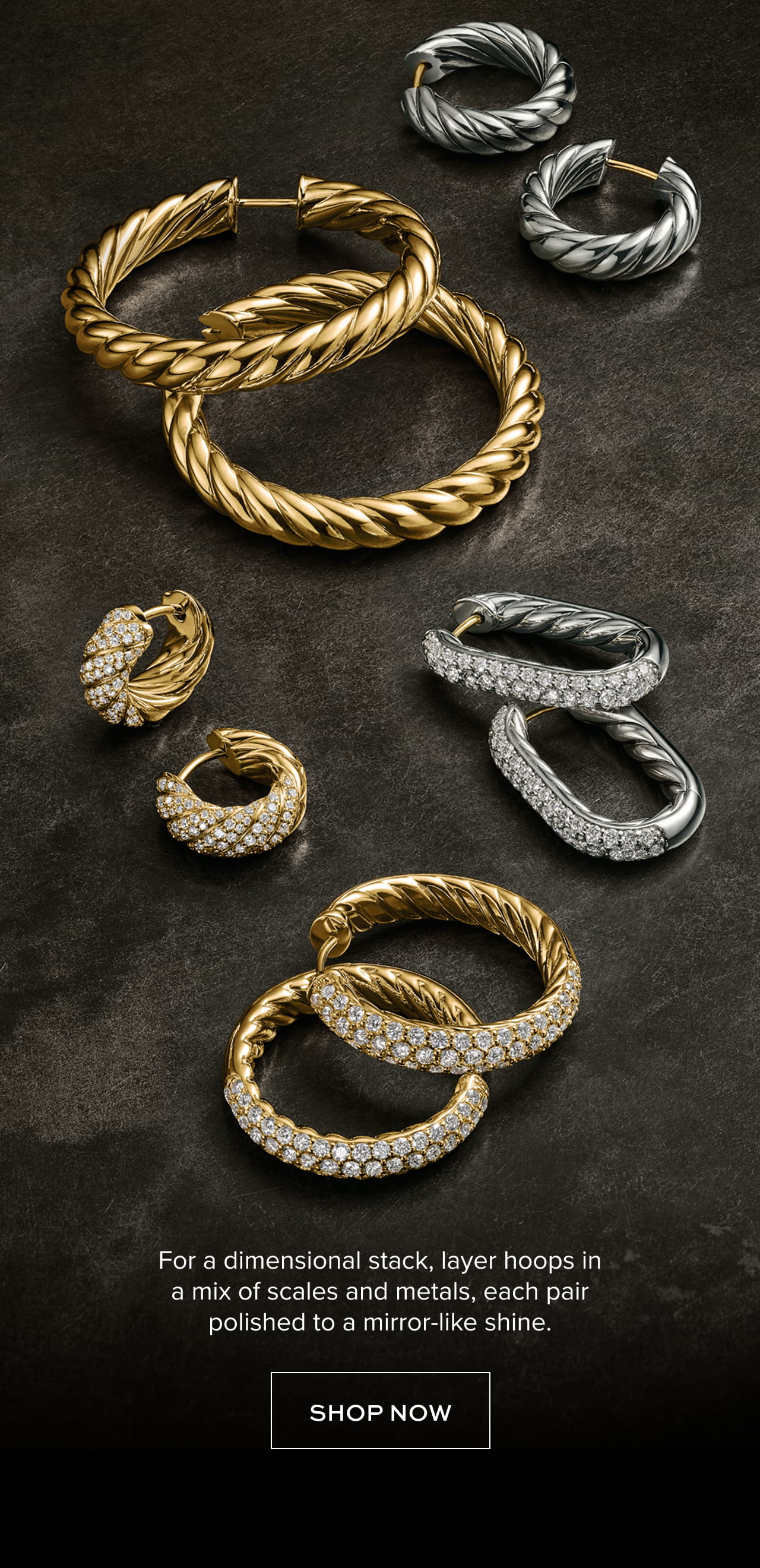 For a dimensional stack, layer hoops in a mix of scales and metals, each pair polished to a mirror-like shine.