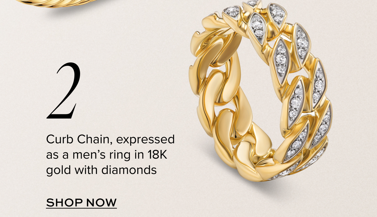 Curb Chain, expressed as a men's ring in 18K gold with diamonds. Shop Now.