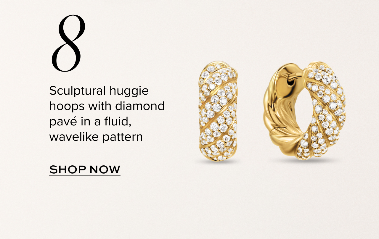 Sculptural huggie hoops with diamond pave in a fluid, wavelike pattern. Shop now.