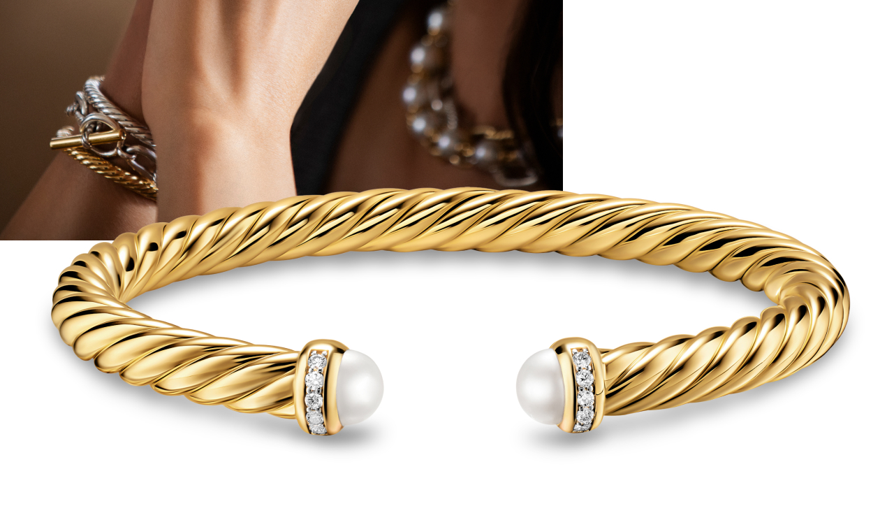 Cablespira® Flex Bracelet 18K Yellow Gold with Pearls and Diamonds, 6mm
