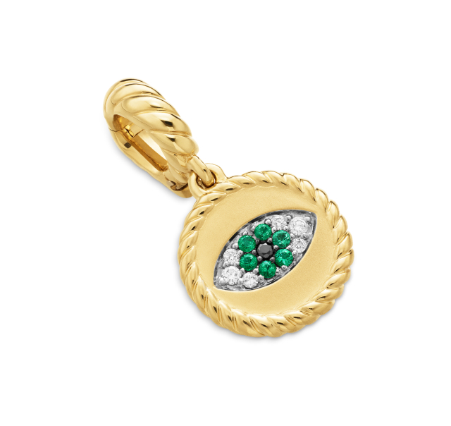 Evil Eye Amulet 18K Yellow Gold with Pavé Emeralds and Diamonds, 11mm