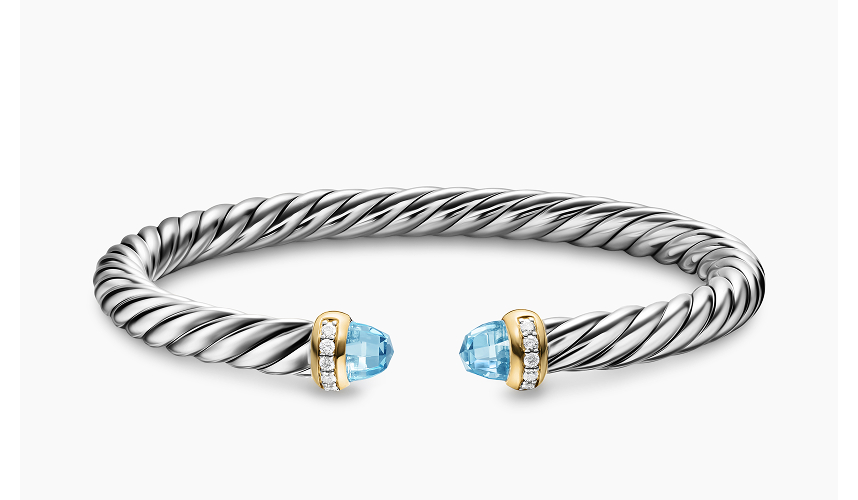 Cable Flex® Bracelet Sterling Silver with 14K Yellow Gold, Sky Blue Topaz and Diamonds, 6mm