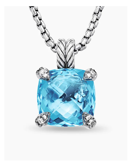 Chatelaine® Pendant Necklace Sterling Silver with Blue Topaz and Diamonds, 11mm