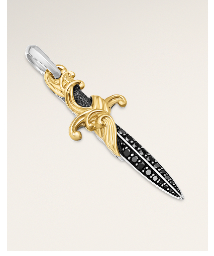 Waves Dagger AmuletSterling Silver with 18K Yellow Gold and Black Diamonds, 44mm