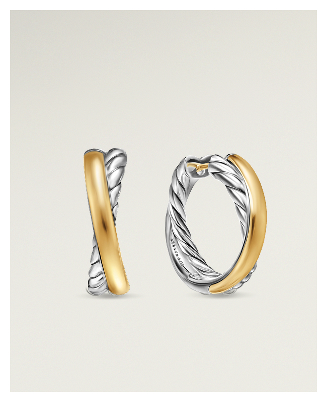 Crossover Hoop Earrings Sterling Silver with 14K Yellow Gold, 22.3mm