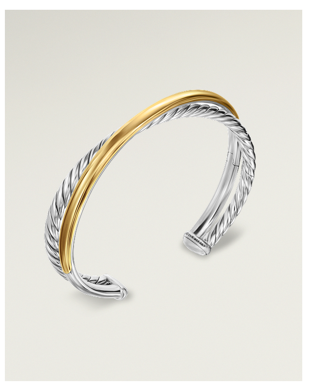Crossover Two Row Cuff Bracelet Sterling Silver with 14K Yellow Gold, 10.7mm