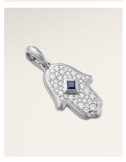 Hamsa Amulet18K White Gold with Pavé Diamonds and Blue Sapphire, 24.6mm