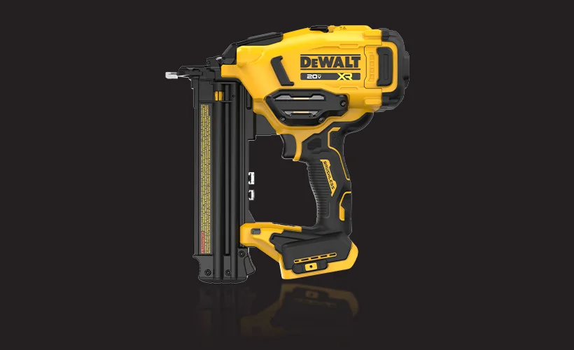A DEWALT 20V XR cordless electric nail gun with a yellow and black design. The tool is used for construction and woodworking, featuring a brushless motor and ergonomic handle.