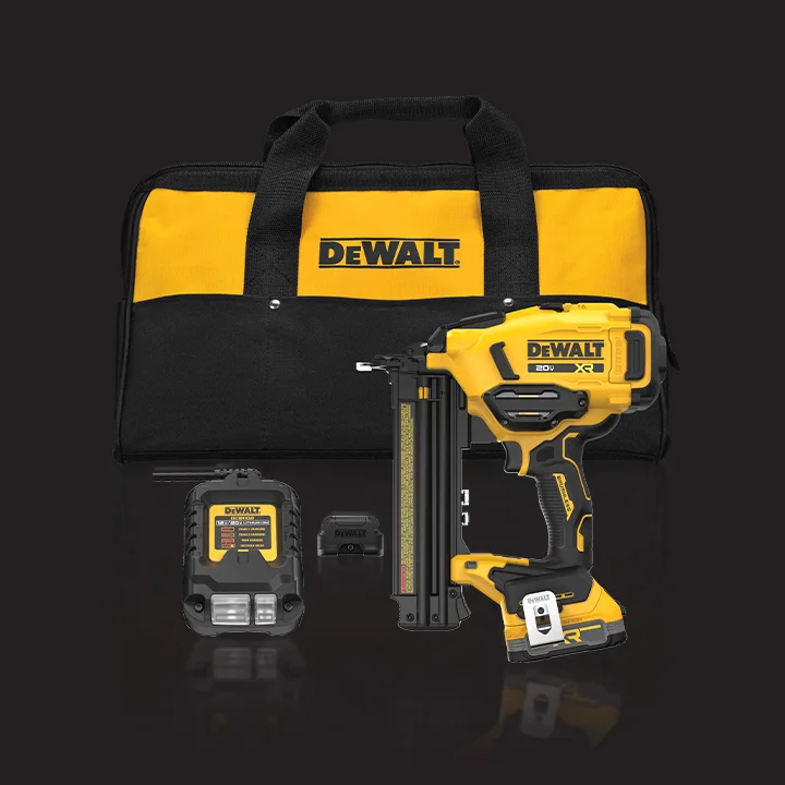 A DEWALT 20V cordless nailer kit displayed with a black and yellow carrying bag, a battery charger, and a battery. The kit includes a nailer tool with the DEWALT logo, designed for construction or woodworking tasks.