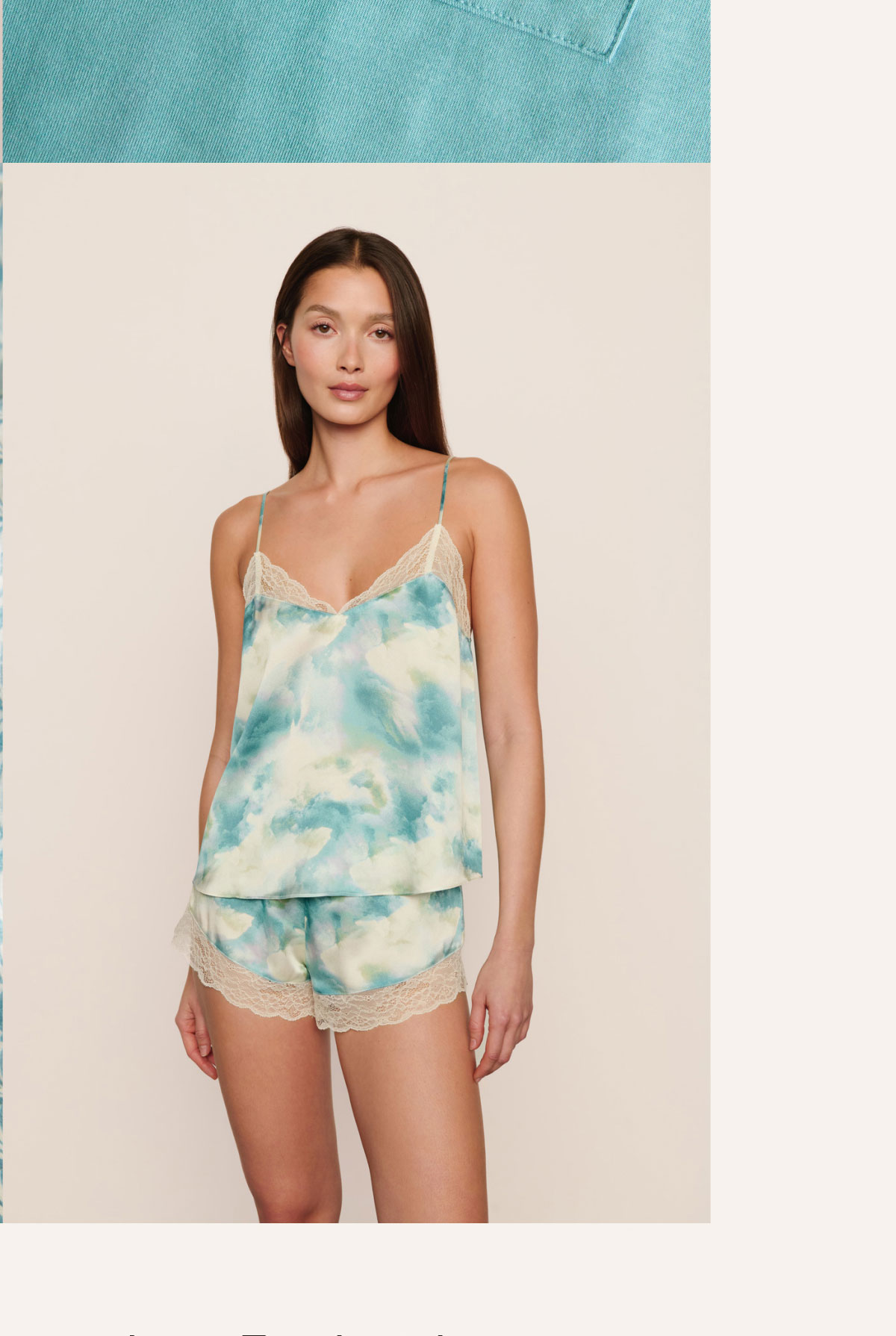 Washable Silk Printed Lace Cami & Short Set Seafoam Sky Blue Lagoon/Ivory