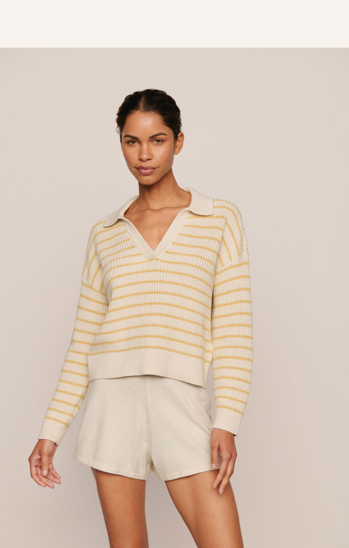 Coastal Cotton Sweater Polo Stripe Almond Heather/Sunbeam