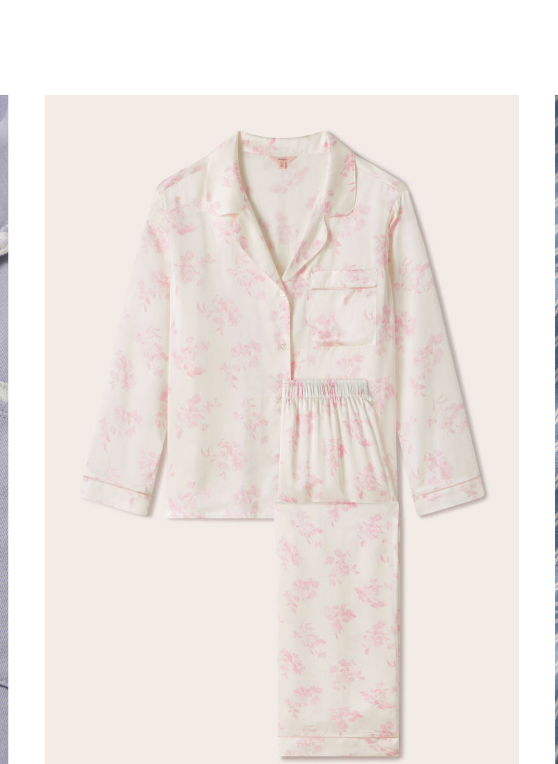 Inez Washable Silk Printed Long PJ Set Rose Garden Cameo Pink/Pale Pink