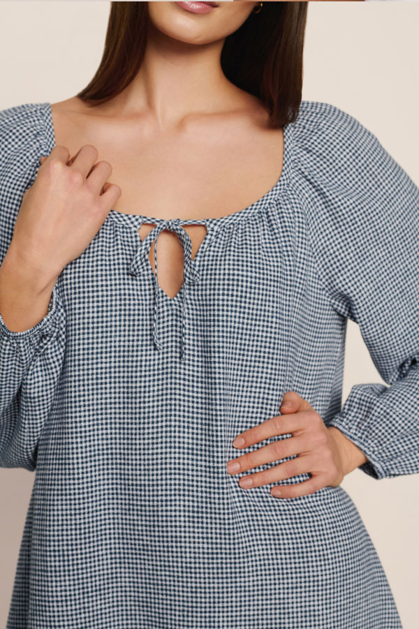 Linen Blend Short Dress Gingham White/Navy