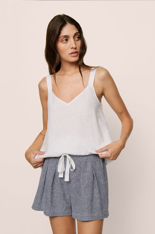 Linen Blend V Neck Cami - White